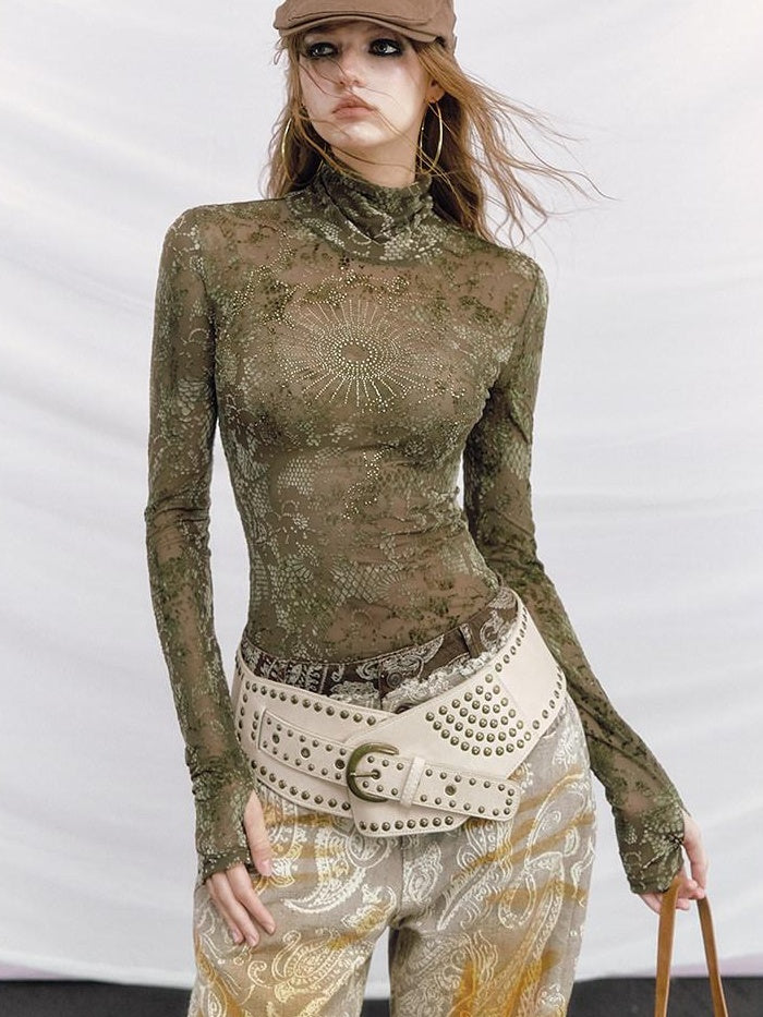 OfAkiva Sparkling Sequin Slim Fit High Neck Mandala Sexy Women Long Sleeve T-Shirts
