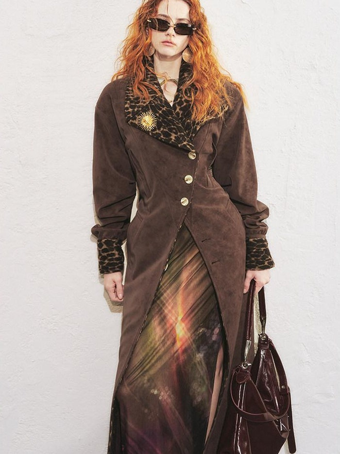 OfAkiva Faux Leather Windproof Vintage Straight Stand Collar Leopard Women Long Coats