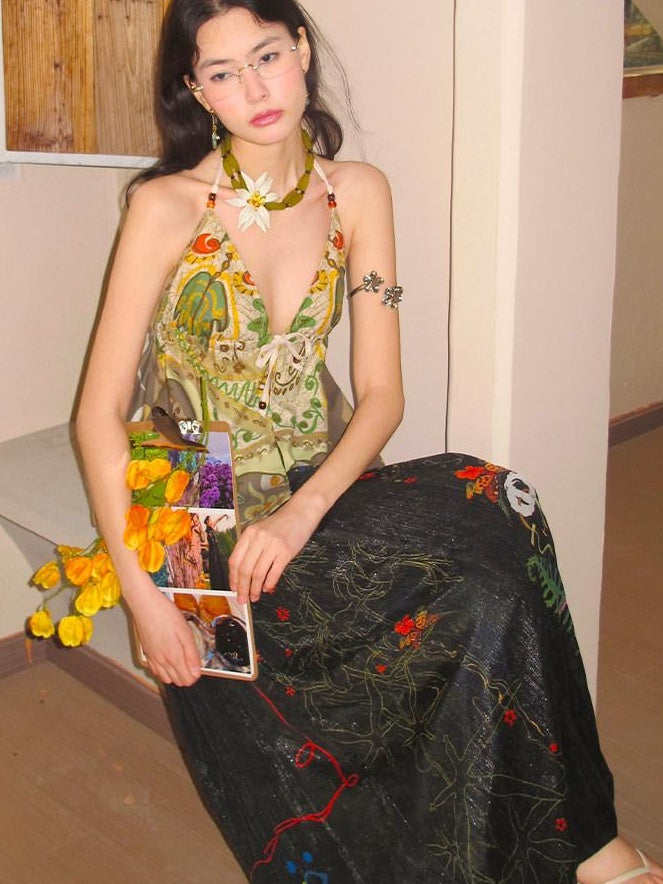OfAkiva Dark Gothic Floral Embroidered Lantern Natural Waist Casual Women Wide Leg Pants