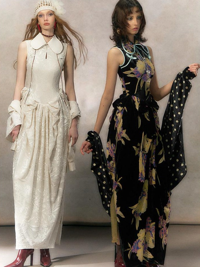 OfAkiva Elegant Chinese Style Jacquard High Waist A Line Two Piece Women Maxi Dresses