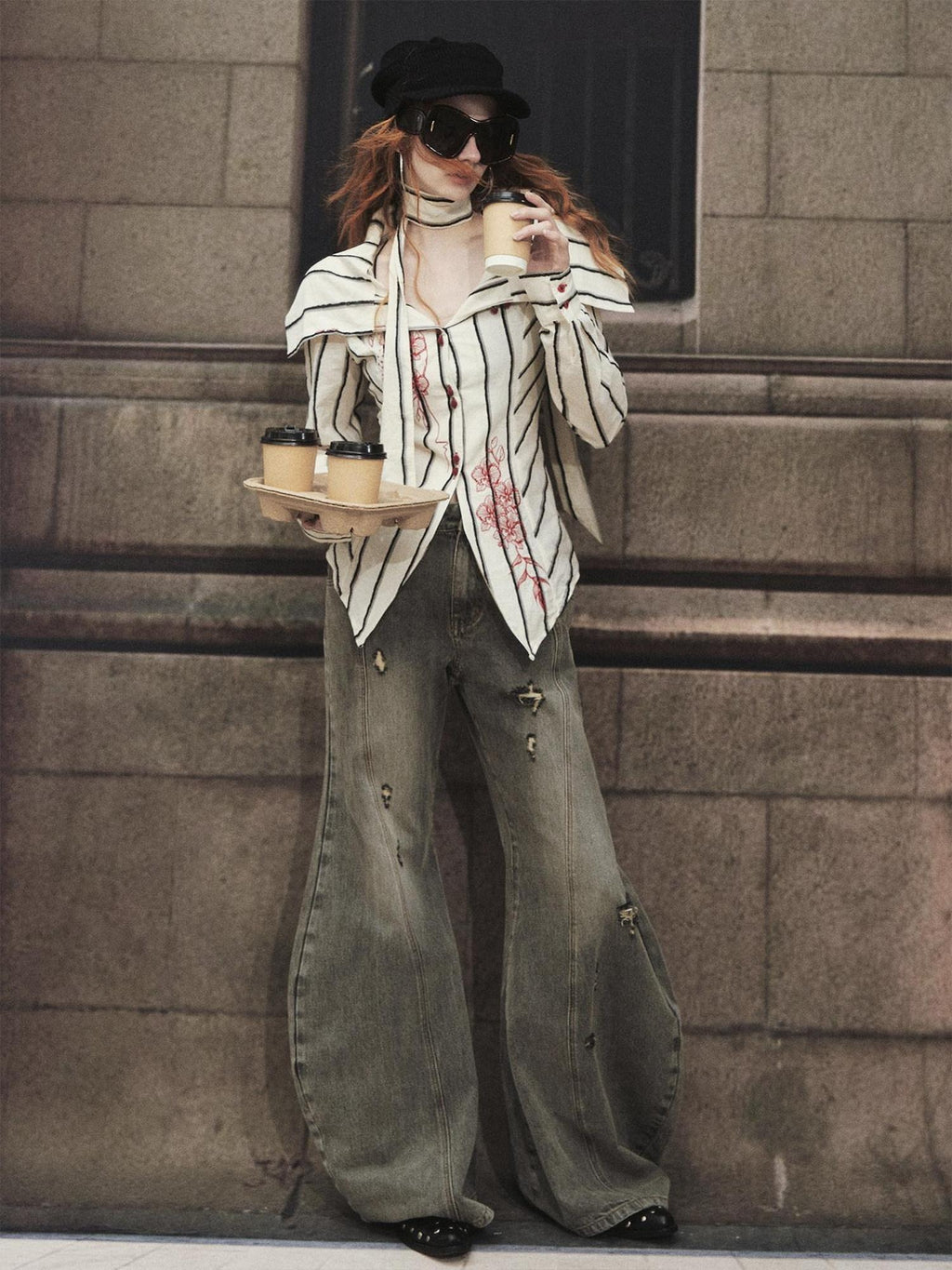 OfAkiva 100 Percent Cotton Breathable Slim Fit Puff Sleeve Striped Cardigan Blouses