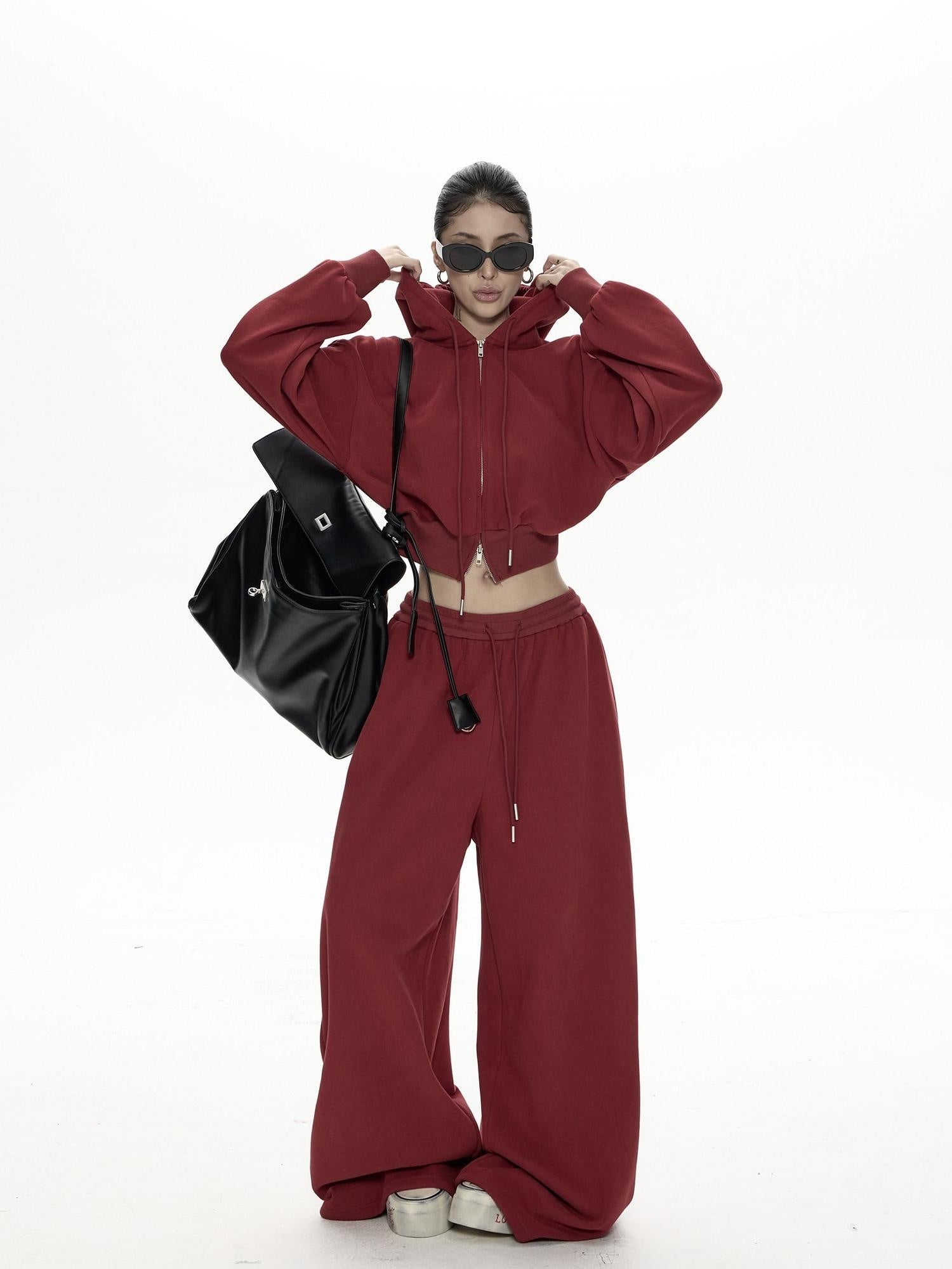 ZERO Thick Cotton Relaxed Fit Long Sleeve Women Casual Red Top & Pants Sets