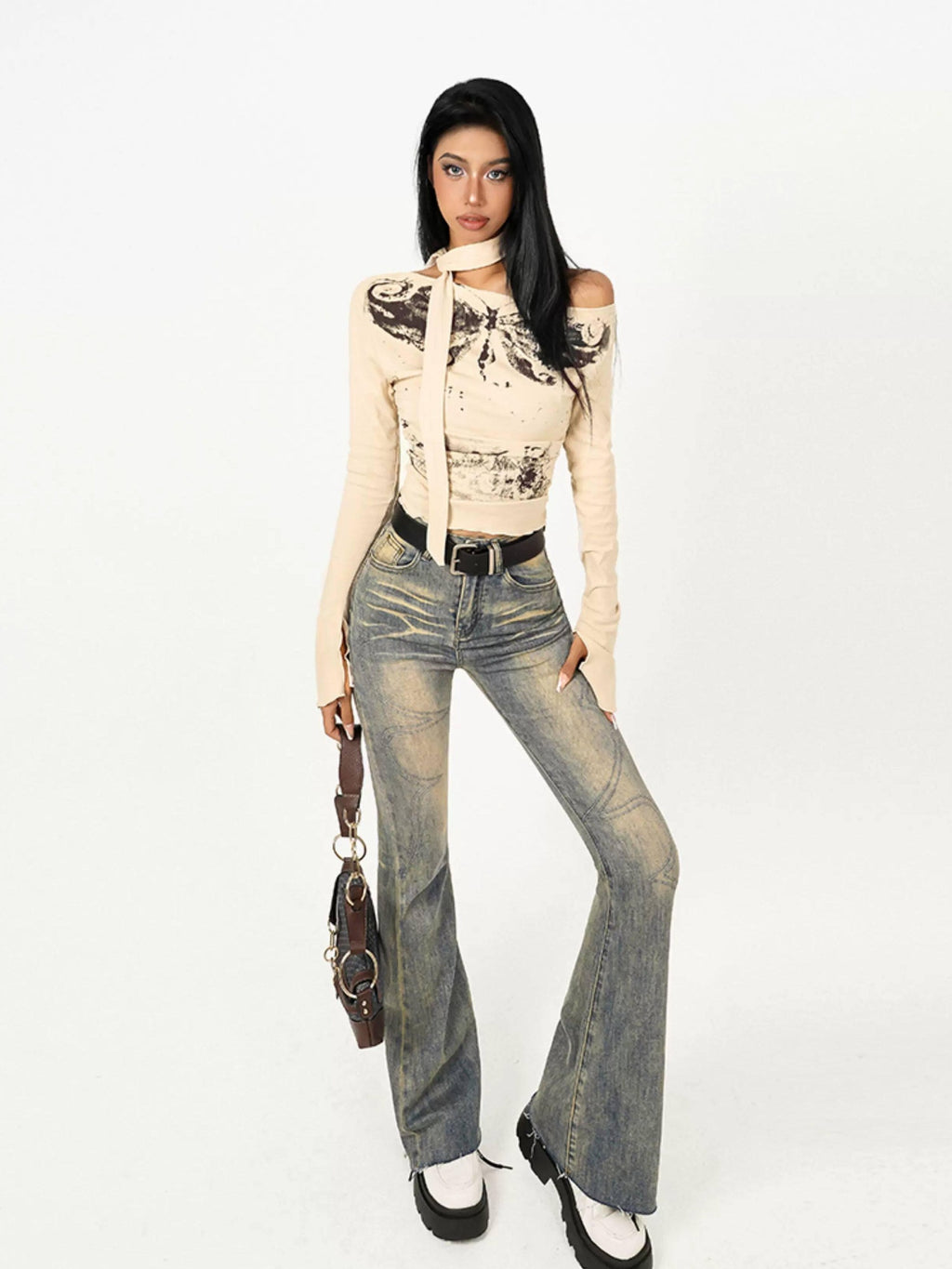 Nico Molly Cotton Tie Dye Slim Boatneck Cropped Khaki Print Girls Long Sleeve T-Shirts