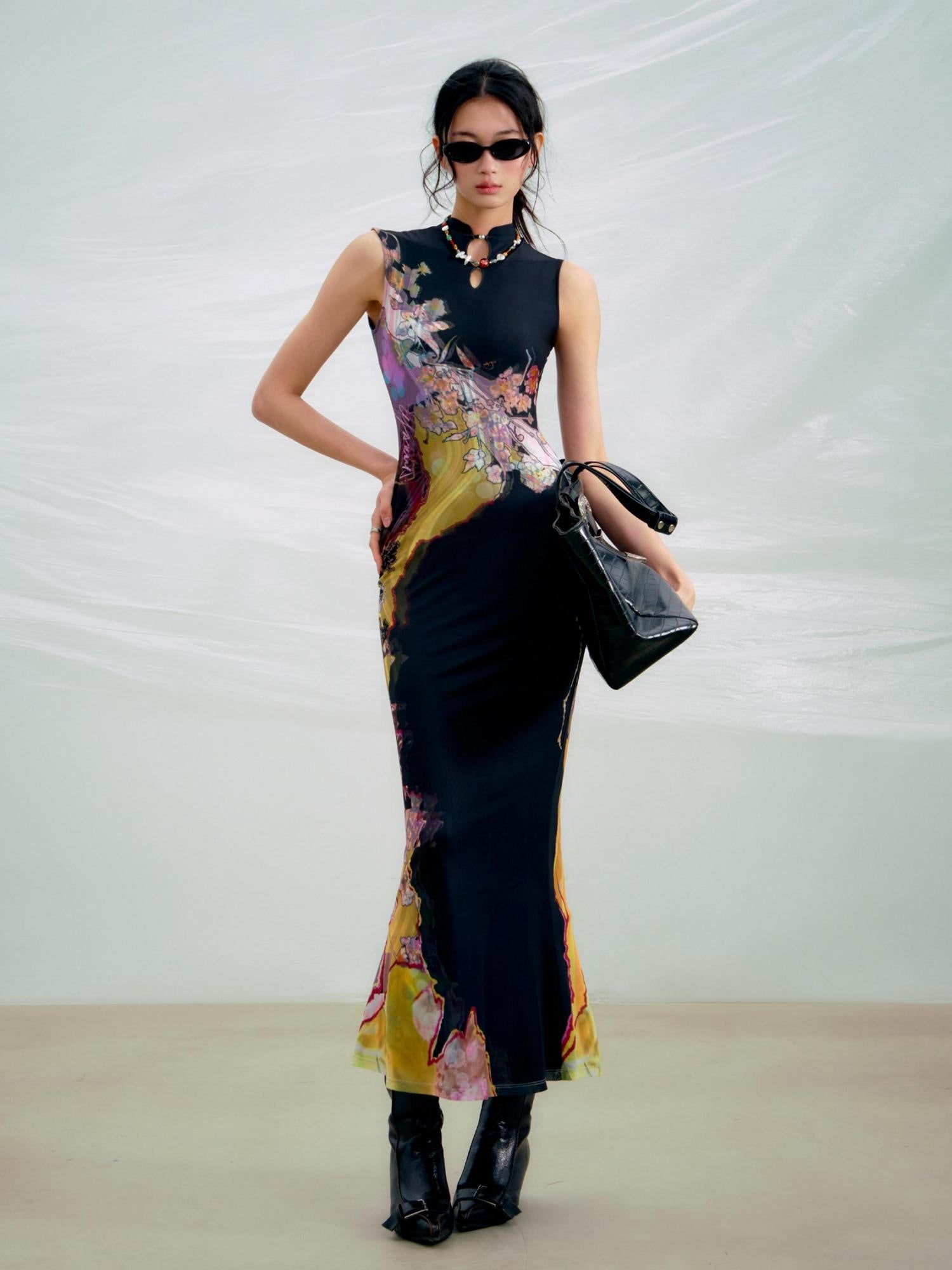 OfAkiva High Waist Floral New Chinese Style A Line Qipao Womens Tricolor Maxi Dresses