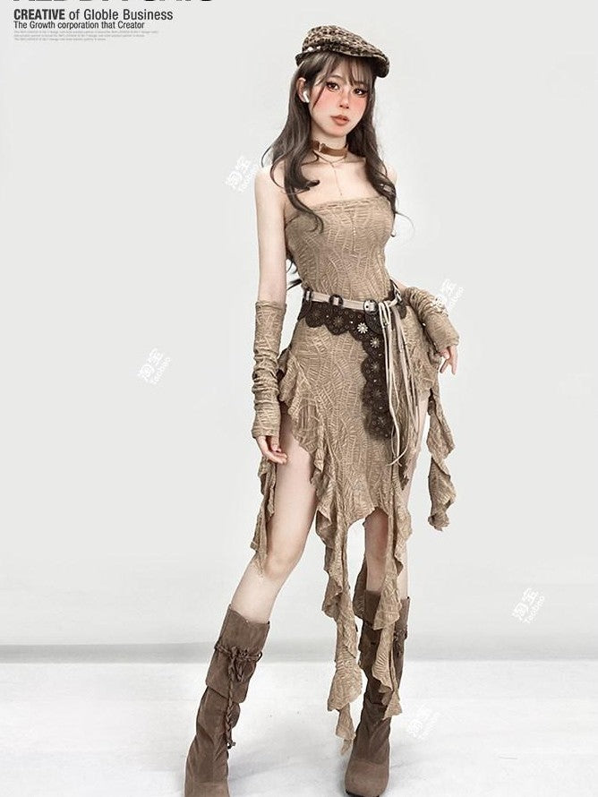 REDDACHIC Khaki Wasteland Fitted Ruffle Tassel Asymmetrical Women'S Strapless Maxi Dresses