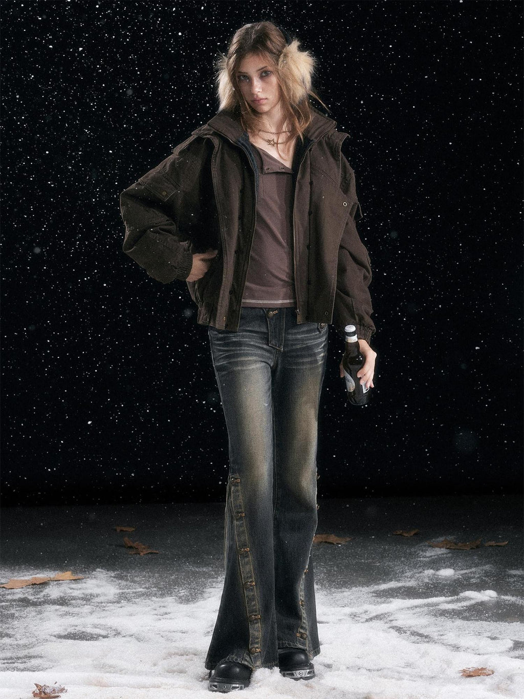 Cest Nous Warm Thick Hooded Zip Commuter Flight Women Brown Croppedjackets