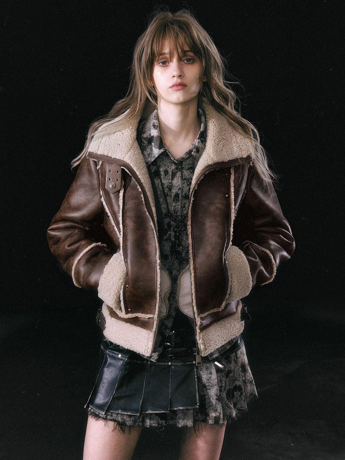 Cest Nous Thick Fleece Lined Street Straight Fit Patch Zipfront Brown Pu Leatherjackets