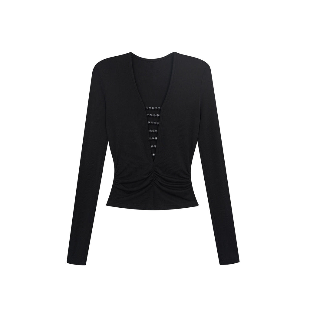 ZERO_Soft_Lyocell_V-neck_Slim_Casual_Women_Black_Long_Sleeve_Crop_Tops_MISSTT