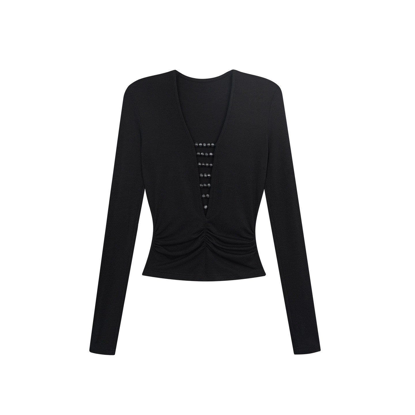 ZERO_Soft_Lyocell_V-neck_Slim_Casual_Women_Black_Long_Sleeve_Crop_Tops_MISSTT