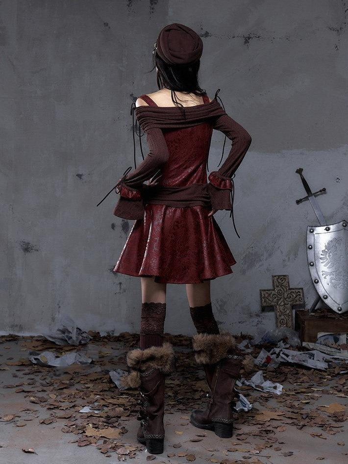 NO ROMANCE Punk Leather Trim One Shoulder Long Sleeve Aline Women'S Knit Mini Dresses