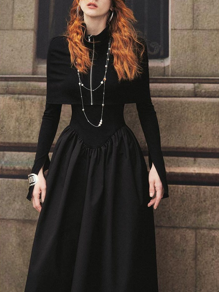 OfAkiva High Waist Slim A Line V-neck Patchwork Long Sleeve Casual Dawn Maxi Dresses