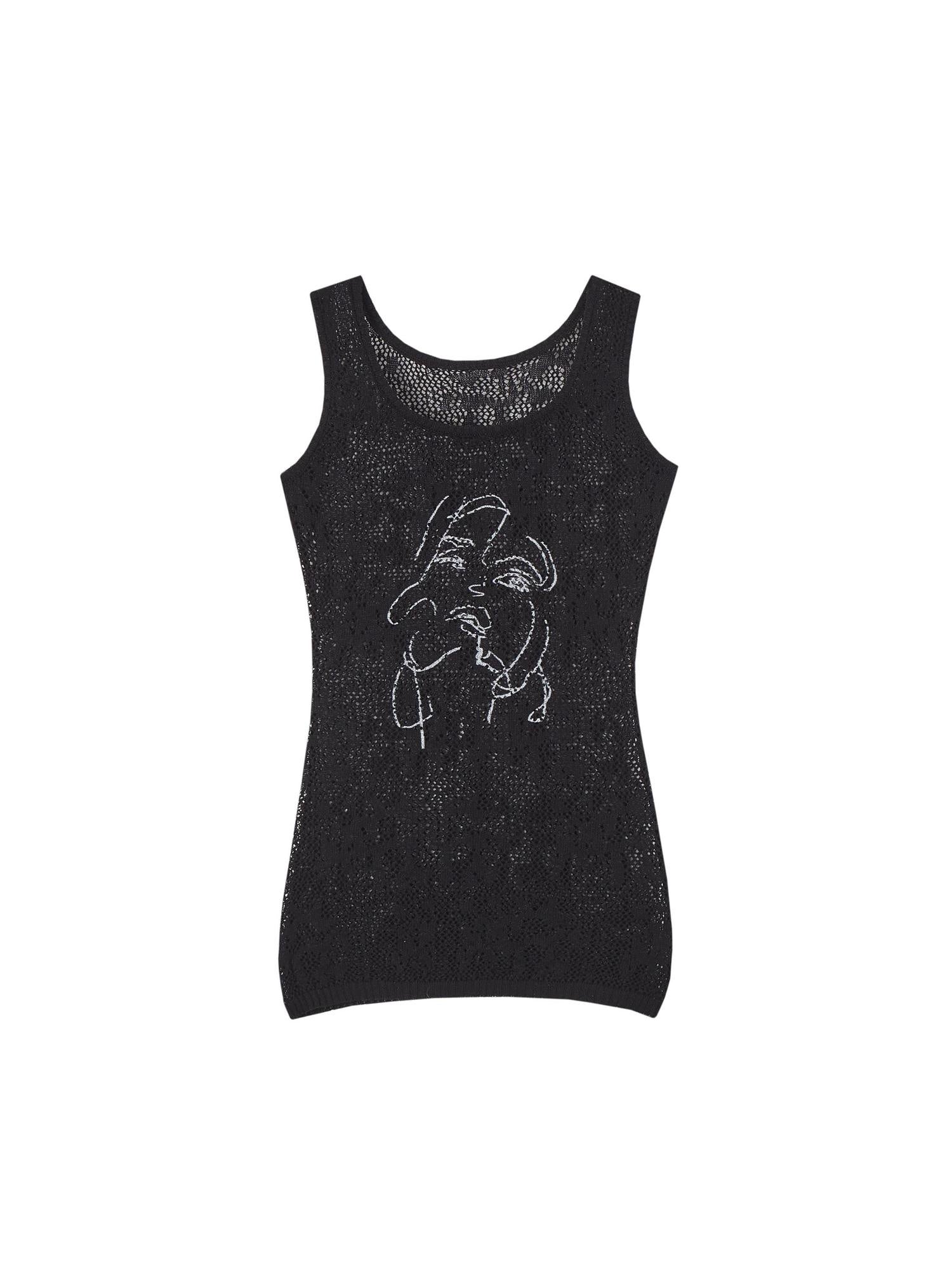 OfAkiva Lace Longline Printed Viscose Blend Relaxed Office Chic Black Tank Tops