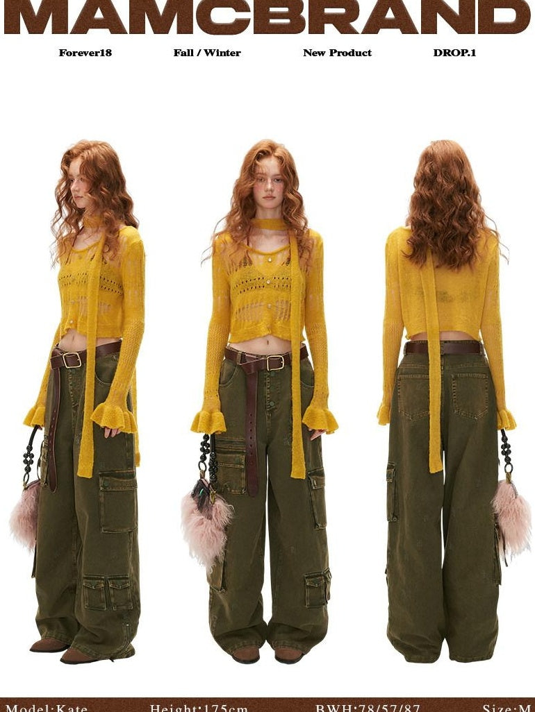 MAMC Wool Blend Hollow Knit Casual V-neck Short Button Two Piece Women Cardigans