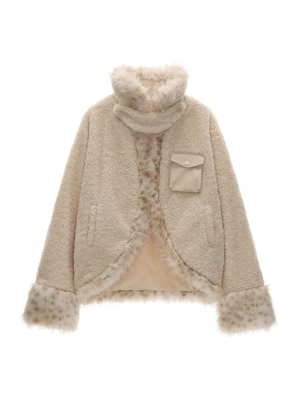 MAMC Soft Oversized Batwing Sleeves Faux Fur Collar Cropped Beige Polyester Jackets