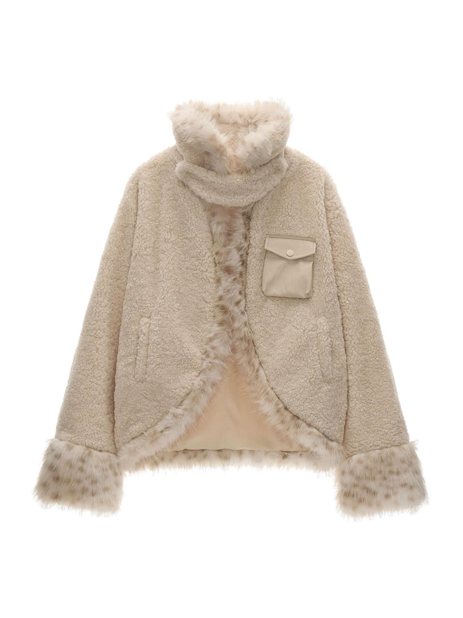 MAMC Soft Oversized Batwing Sleeves Faux Fur Collar Cropped Beige Polyester Jackets