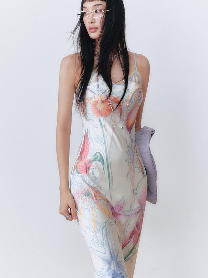 OfAkiva High Waist Southeast Asian Printed Spaghetti Strap A Line Polyester Maxi Dresses