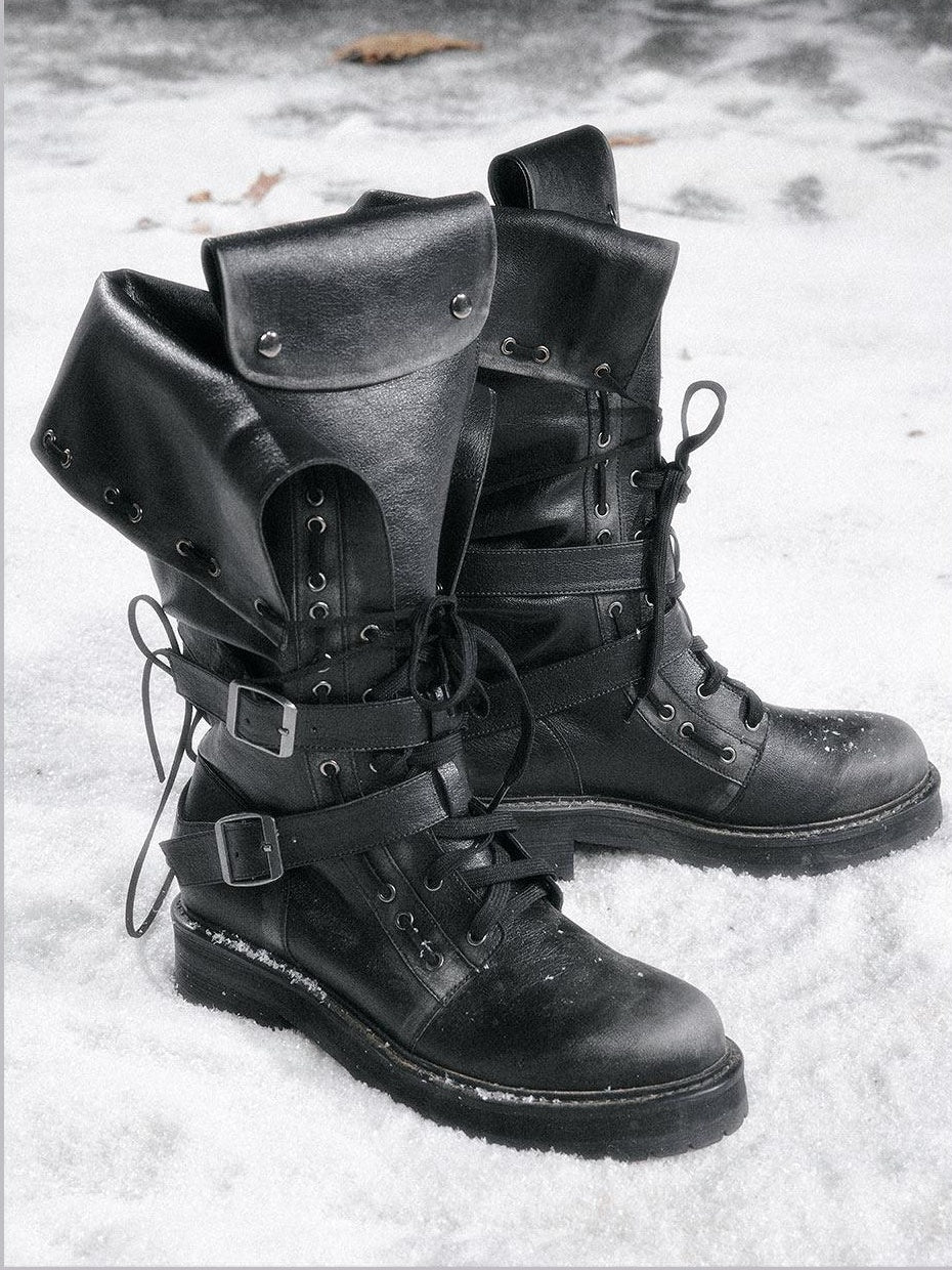 Cest Nous Low Heel Mid Calf Belt Buckle Casual Riding Round Toe Leather Lined Black Boots
