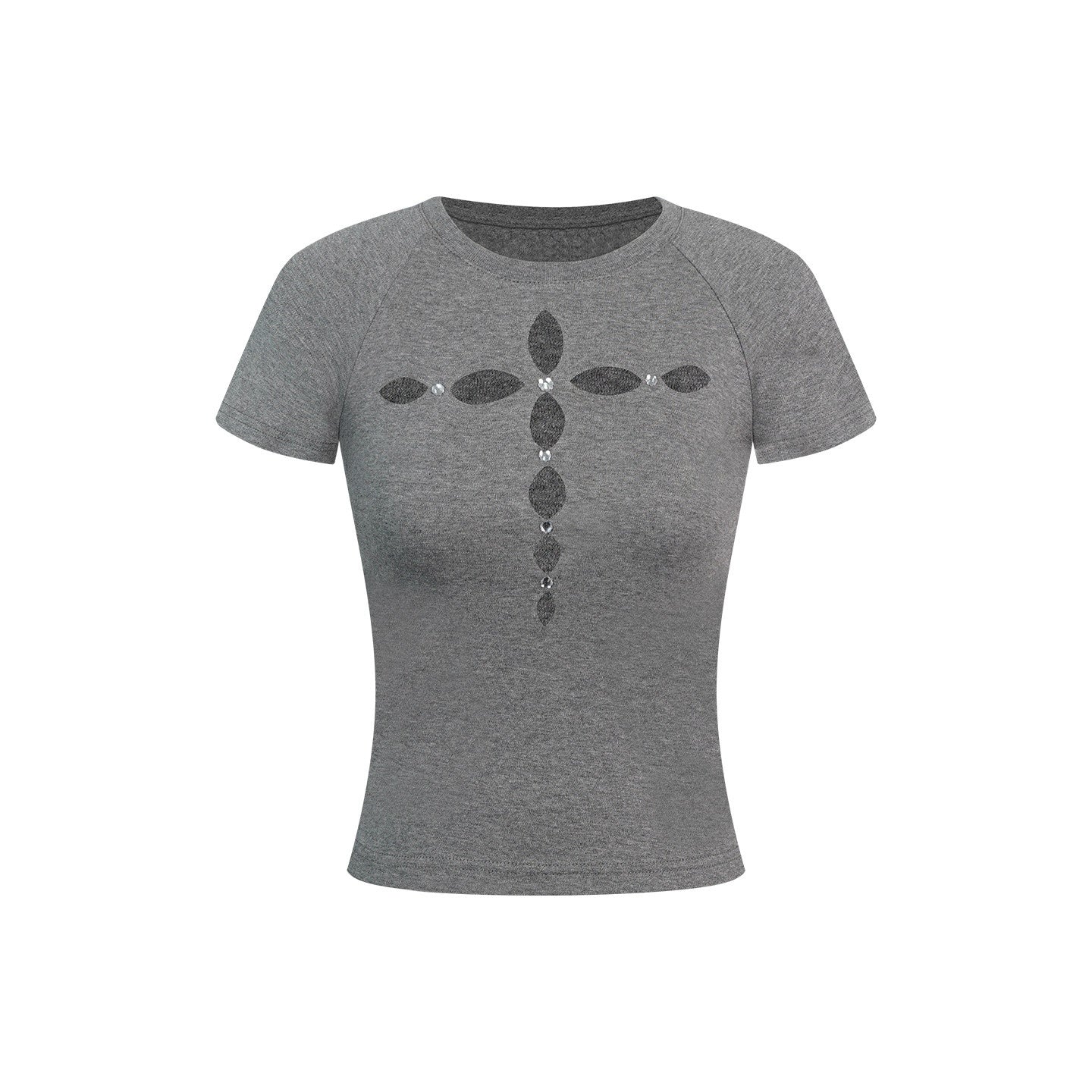 ZERO_Rhinestone_Slim_Casual_Short_Sleeve_Roundneck_Black_Grey_Crop_Tee_Basic_Crop_Tops_MISSTT