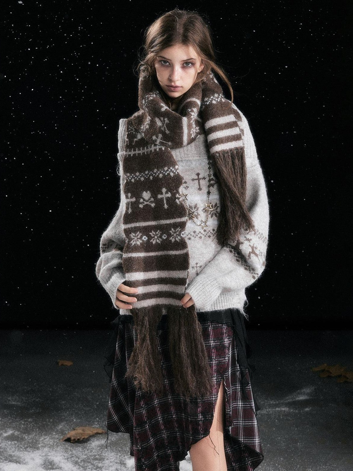 Cest Nous Cozy Wool Rectangular Neck Wrap Women Brown Geometric Scarves