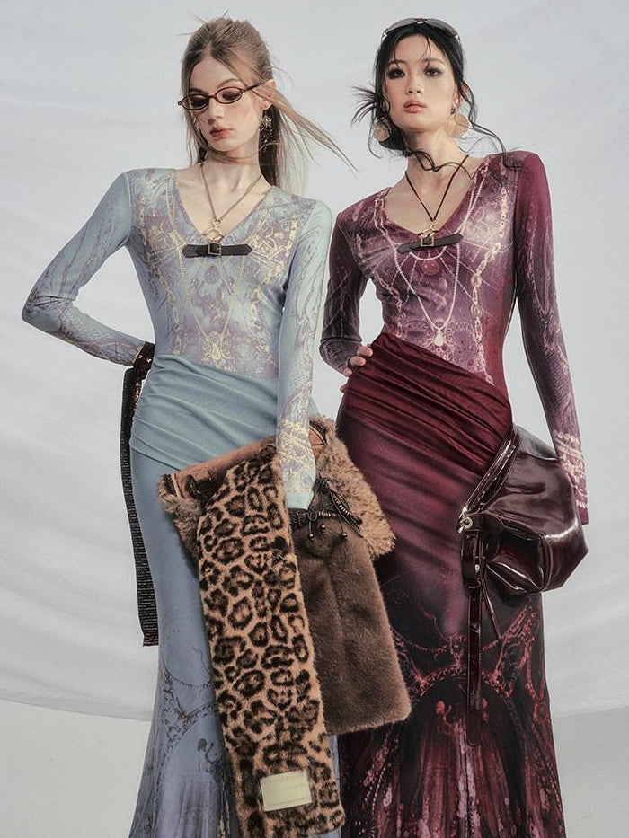 OfAkiva High Stretch High Waist Vintage Floral V-neck Long Sleeve A Line Maxi Dresses