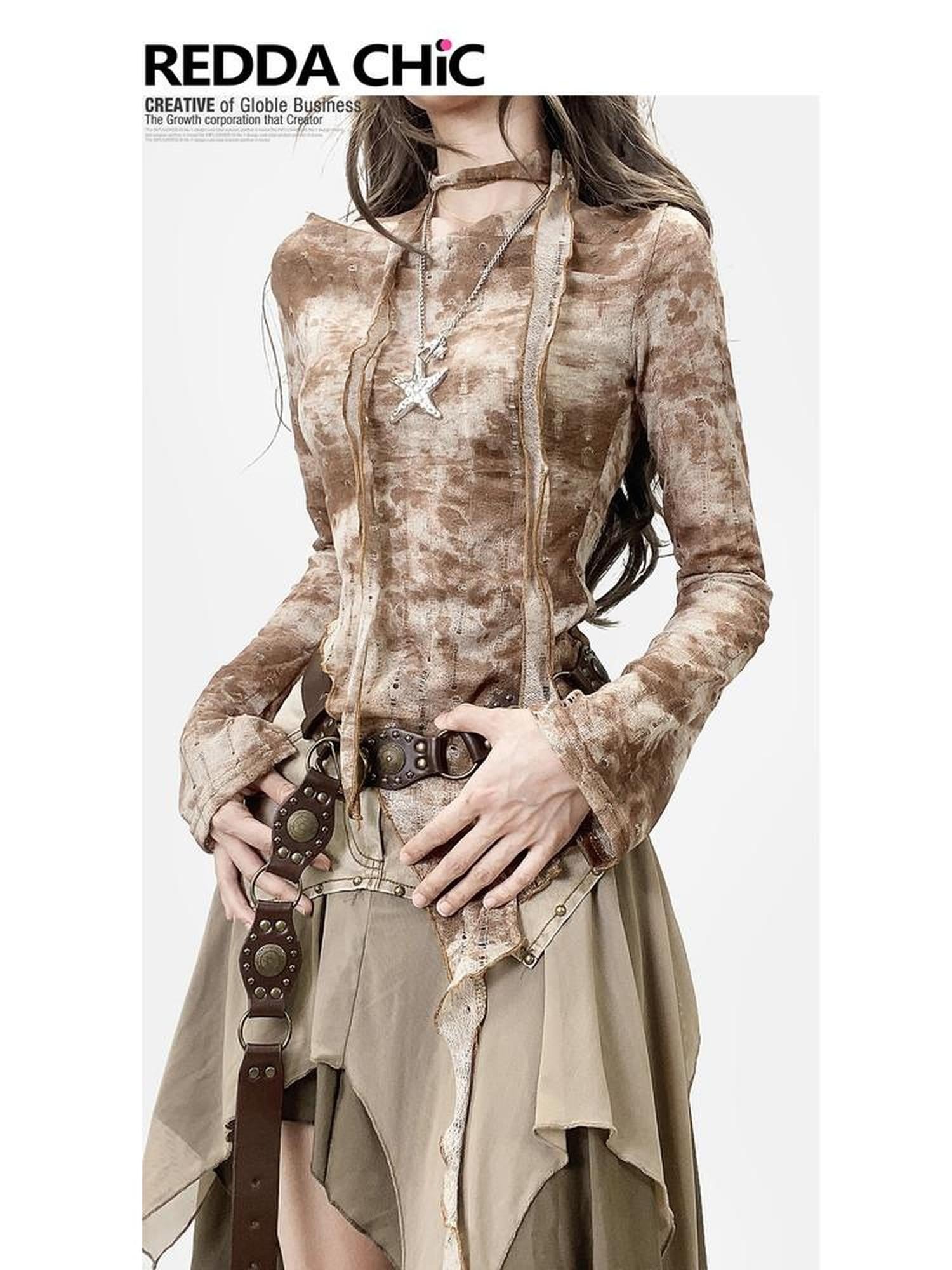 REDDACHIC Coffee Tie Dye Ruffle Distressed Bell Sleeve Slim Women'S Long Sleeve T-Shirts