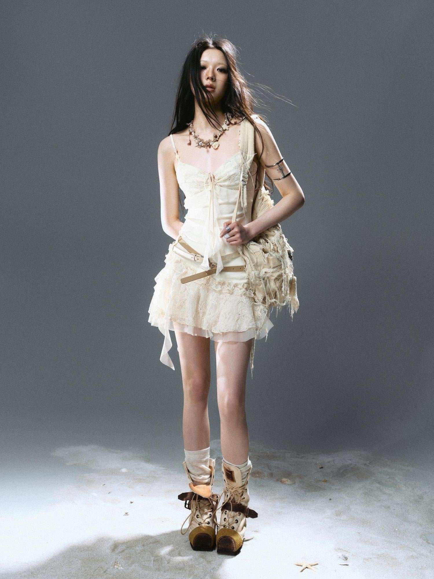 Cest Nous Cinched Waist Ruched Spaghetti Strap Street A Line Casual Cotton Minidresses