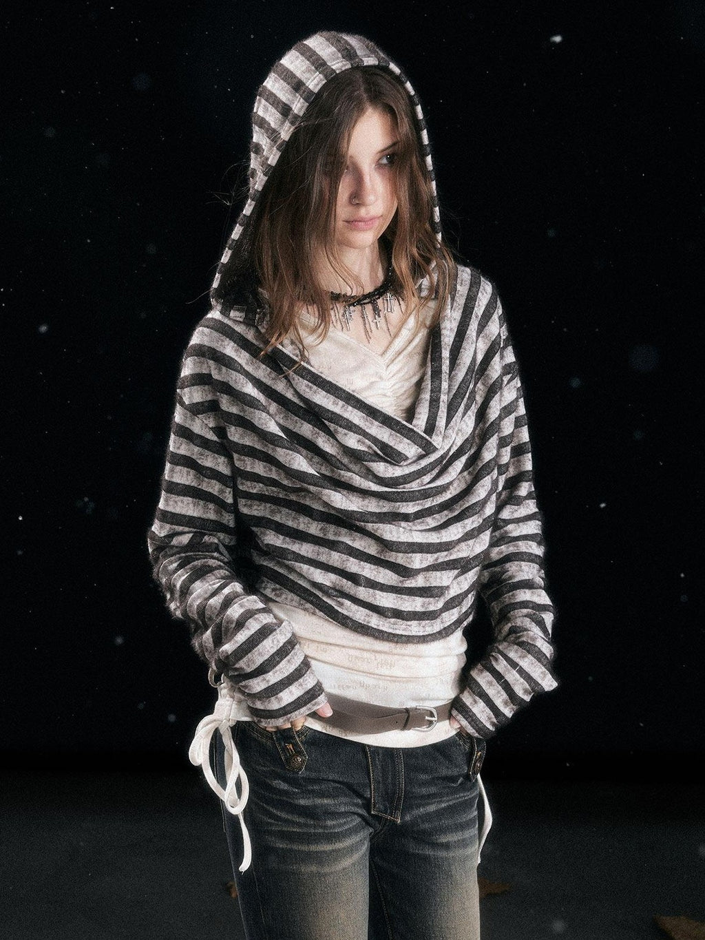 Cest Nous Distressed Relaxed Fit Hooded Striped Pullover Casual Women Viscose Knitwear