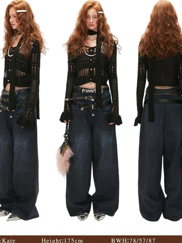 MAMC Wool Blend Hollow Knit Casual V-neck Short Button Two Piece Women Cardigans