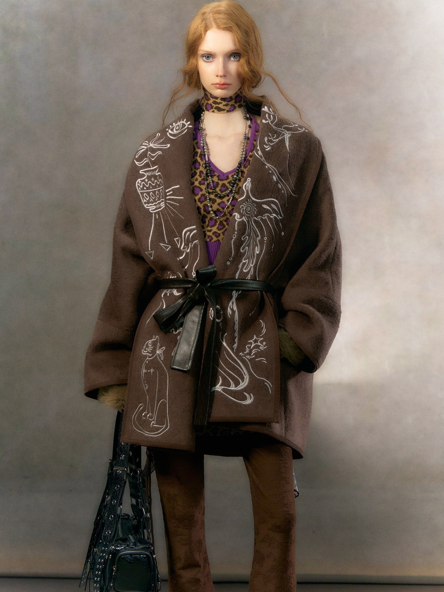 OfAkiva Embroidered Double Faced Wool Elegant Loose Fit Women Brown Short Coat