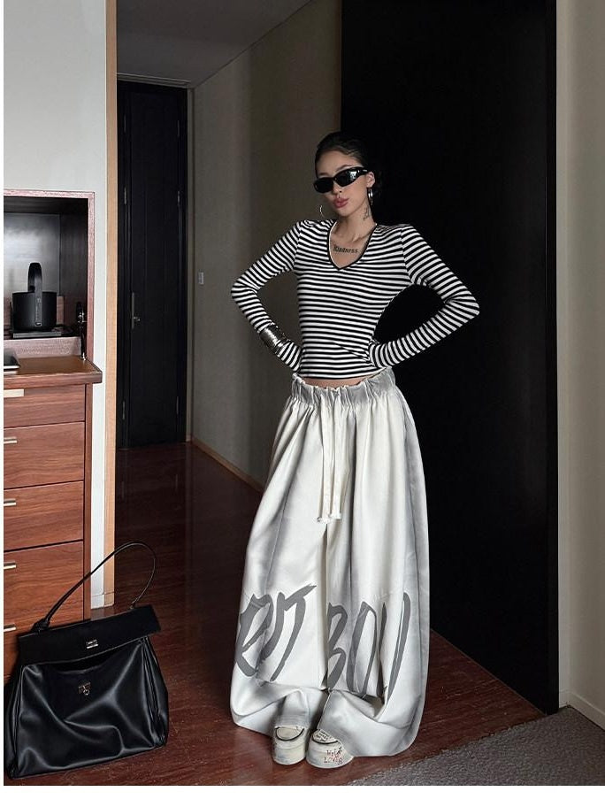 ZERO Light Apricot Cotton Letter Print Pockets Elastic Natural Waist Wide Leg Pants