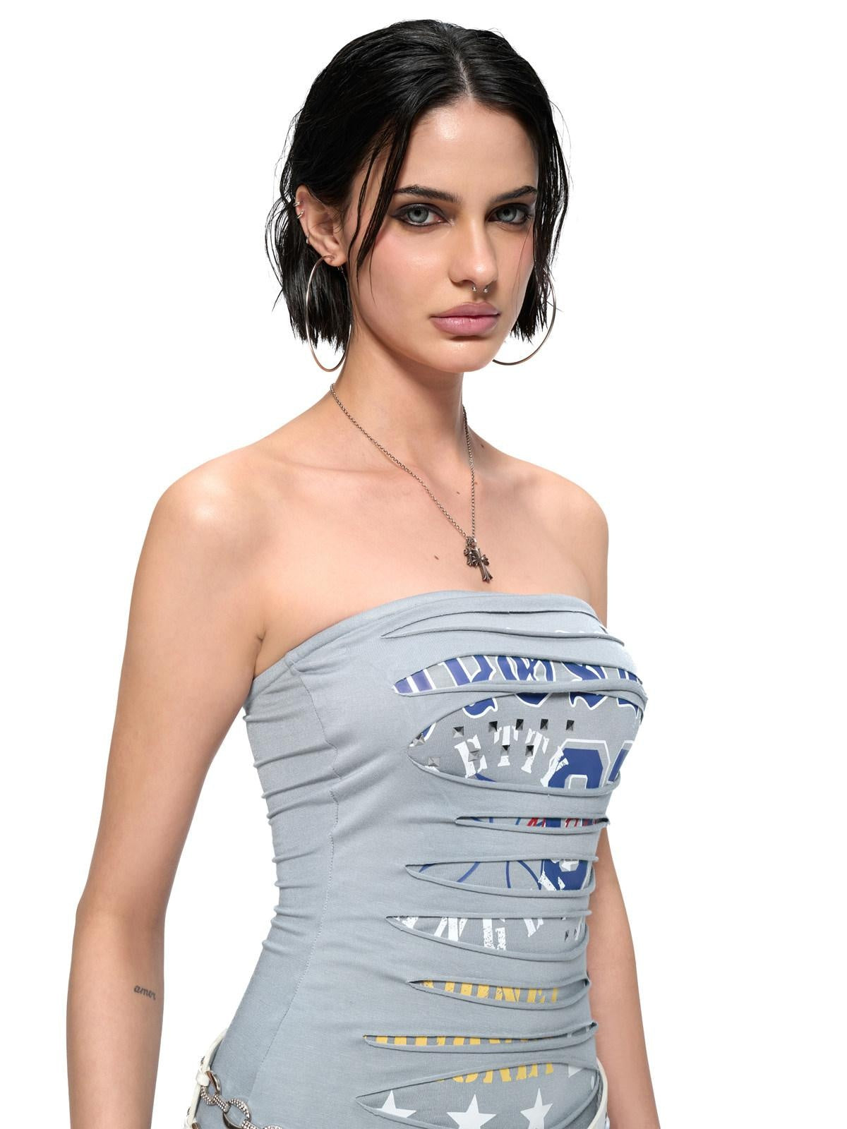 JYOSEI Cotton Stretch Strapless Patchwork Cinched Waist Casual Mini Dresses