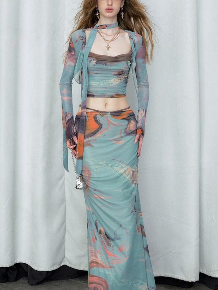 OfAkiva Polyester Camisole Two Piece With Shawl S M L Xl For Women Top & Skirt Sets