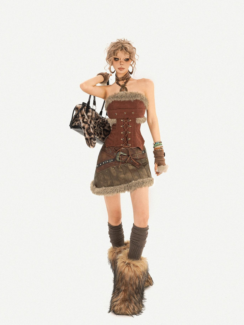 Nico Molly Beaded Vintage Patchwork A Line Mid Waist Lined Brown Women Top & Skirt Sets