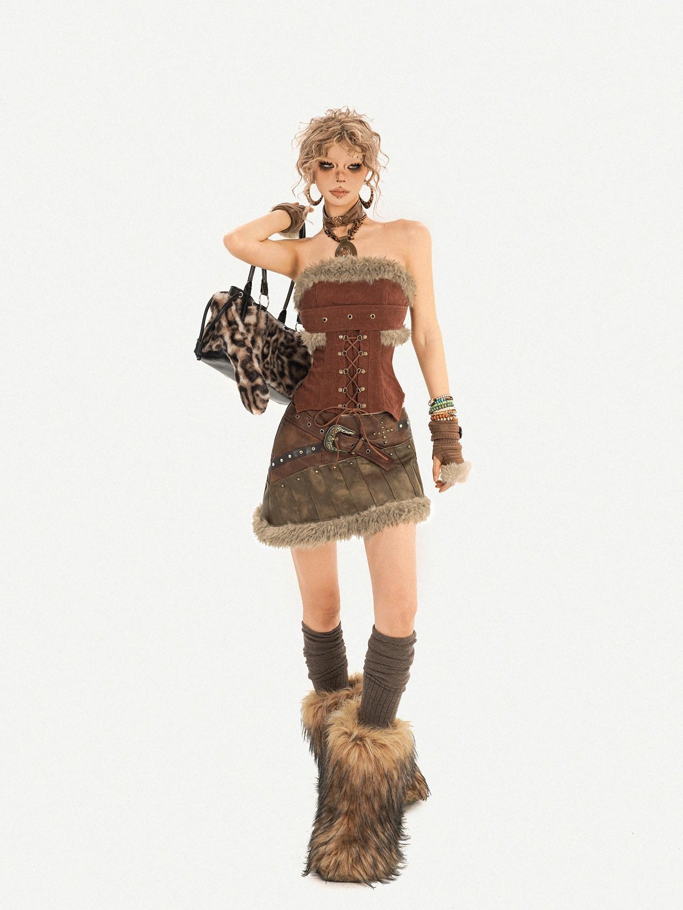 Nico Molly Beaded Vintage Patchwork A Line Mid Waist Lined Brown Women Top & Skirt Sets
