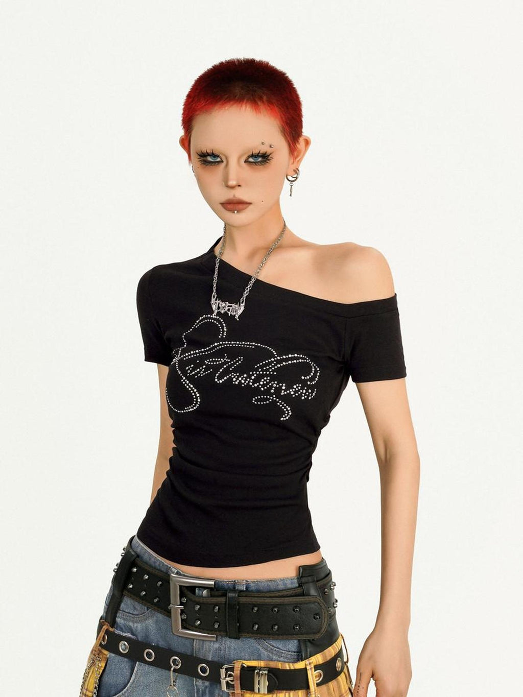 Nico Molly Rhinestone Print Slim One Shoulder Sexy Women Text Long Sleeve T-Shirts