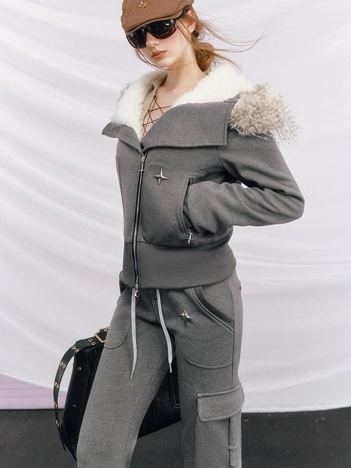 OfAkiva Thick Knit Slim Hooded Zip Jacket Multi Pocket For Women Top & Pants Sets