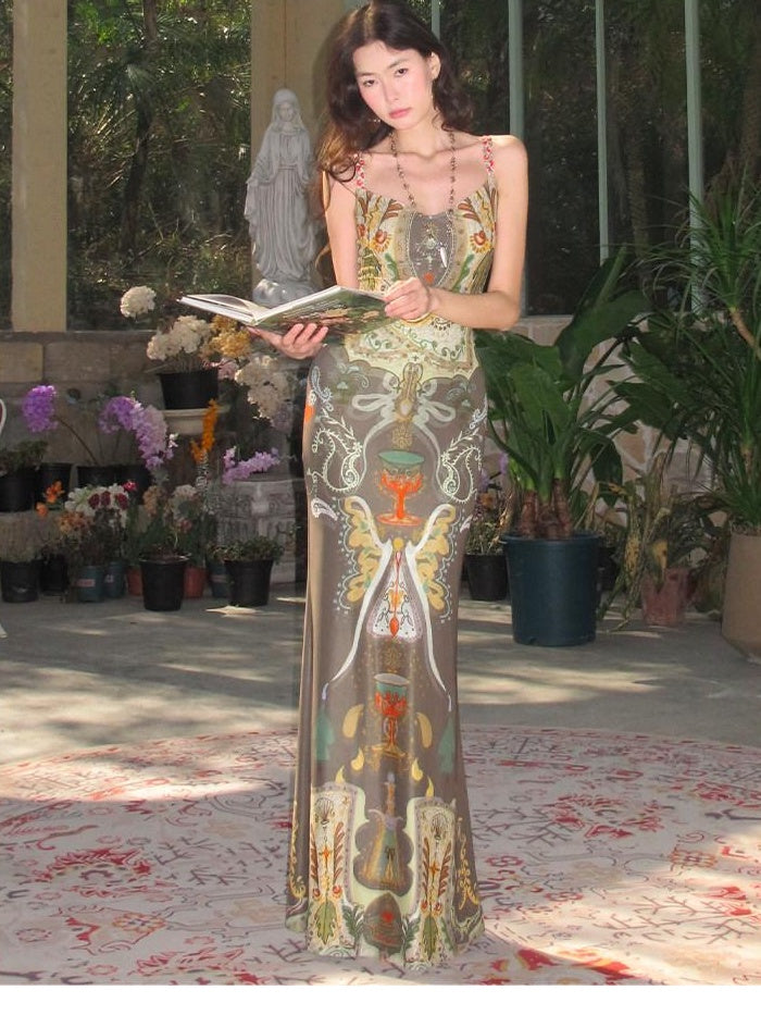 OfAkiva Vintage High Waist Sleeveless Printed Mermaid Women Vacation Maxi Dresses