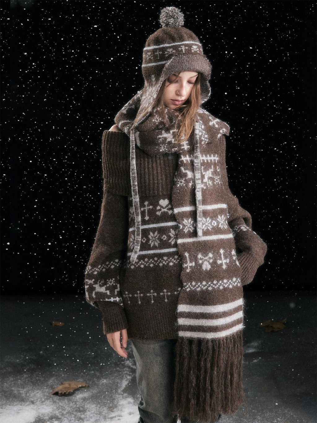 Cest Nous Cozy Wool Rectangular Neck Wrap Women Brown Geometric Scarves