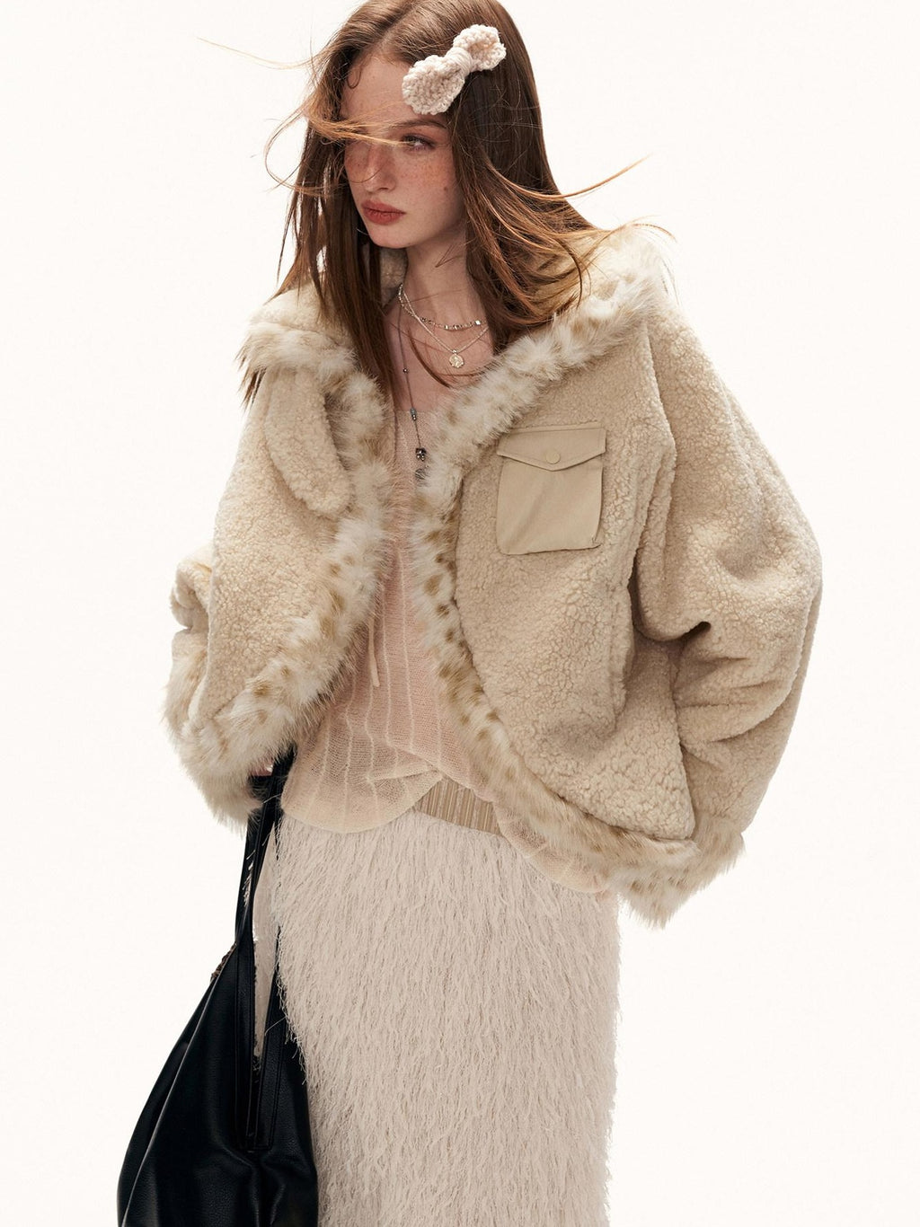 MAMC Soft Oversized Batwing Sleeves Faux Fur Collar Cropped Beige Polyester Jackets