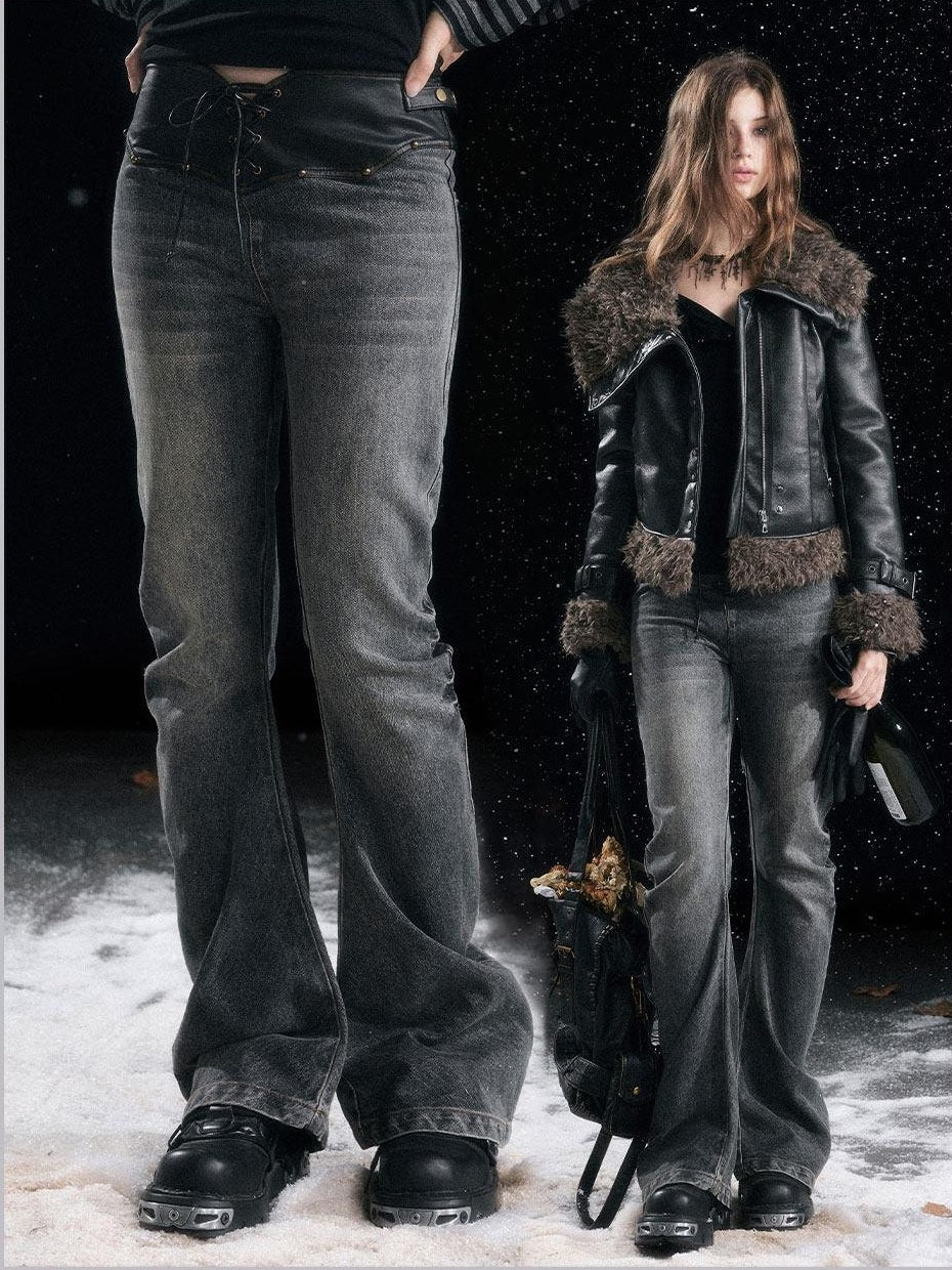 Cest Nous Vintage Patchwork Natural Waist Women Daily Washed Black Cotton No Stretch Jeans