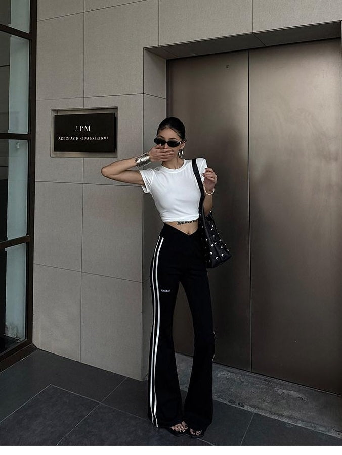 ZERO High Stretch Nylon Striped Street Natural Waist Women Black Flared Pants