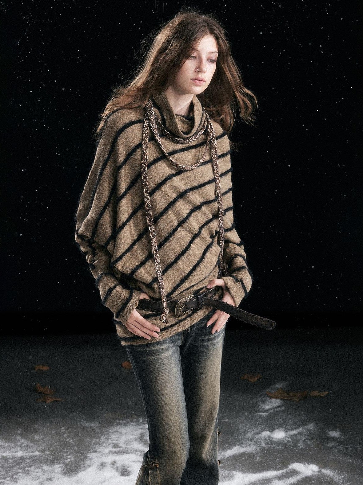 Cest Nous Cozy Thick Street Oversized Batwing Turtleneck Tie Front Women Striped Sweaters