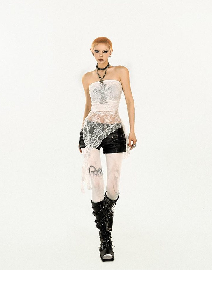 Nico Molly Fringe Slim Fit Punk Street Women Solid Black White Silver Tube Tops