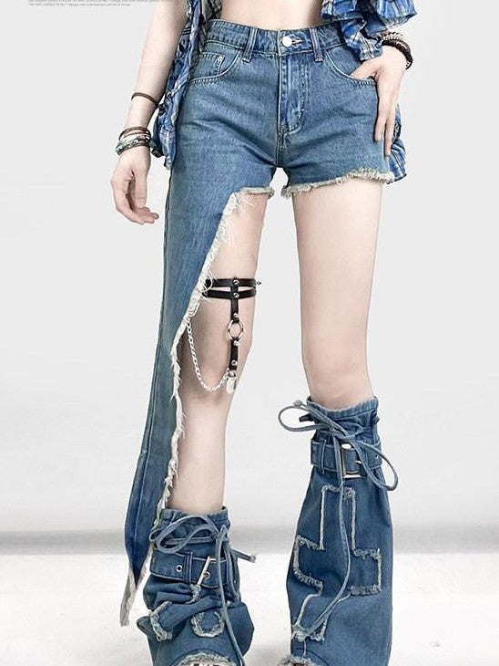 REDDACHIC American Vintage Irregular Zip Fly Low Rise Layered Y2K Women'S Denim Shorts