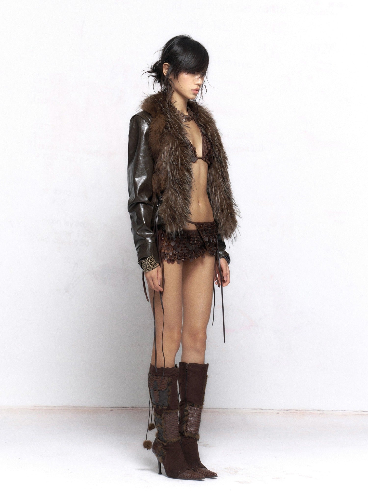 Flowers birds Market Warm Fur Collar Commuter Slim Fit Short Zip Teen Brown Leather Jackets