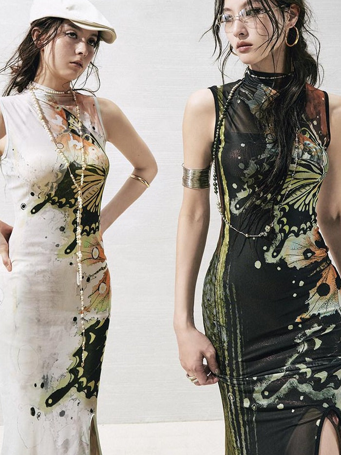 OfAkiva High Waist Sleeveless Printed A Line Hanfu Inspired Women Maxi Dresses