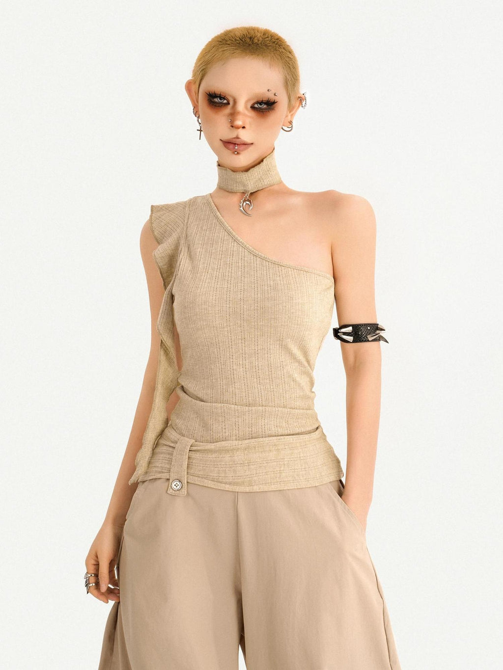 Nico Molly Khaki Padded Slim Street Style Casual Travel Youth Off Shoulder Crop Tops