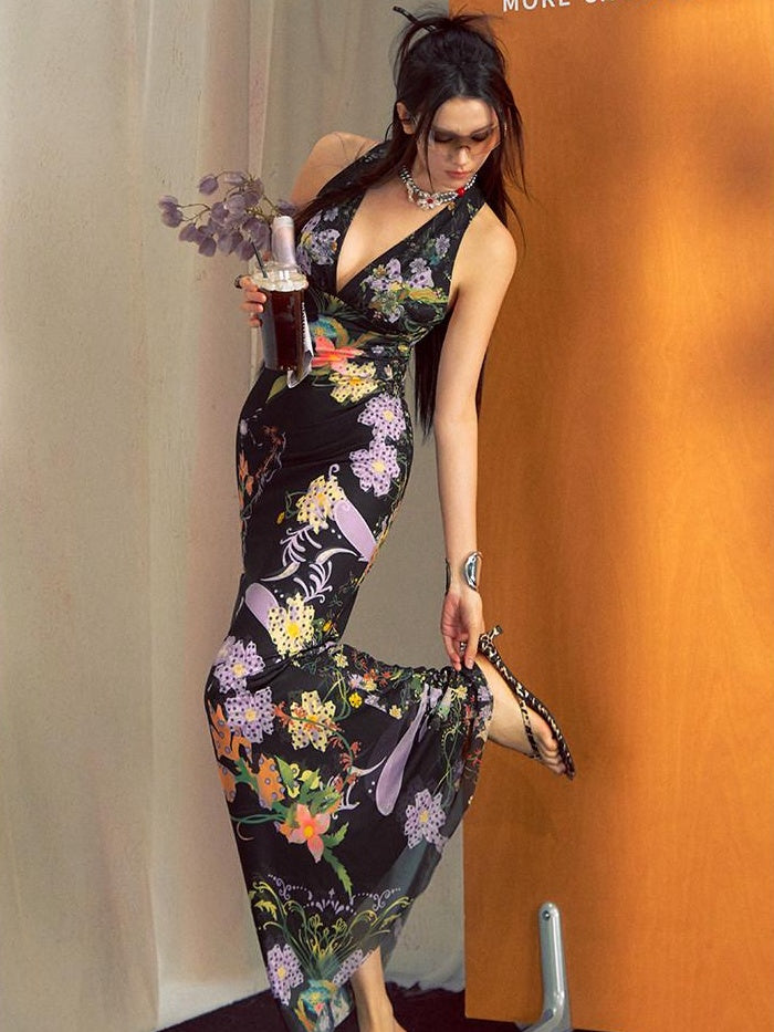 OfAkiva French Colorblock High Waist V-neck Sleeveless Fishtail Women Maxi Dresses