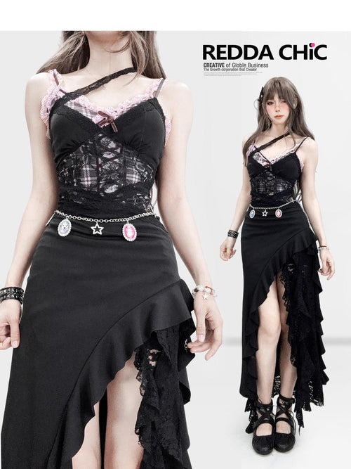 REDDACHIC Black Pink Lace Panel Asymmetrical Cinched Waist Women'S Slip Maxi Dresses