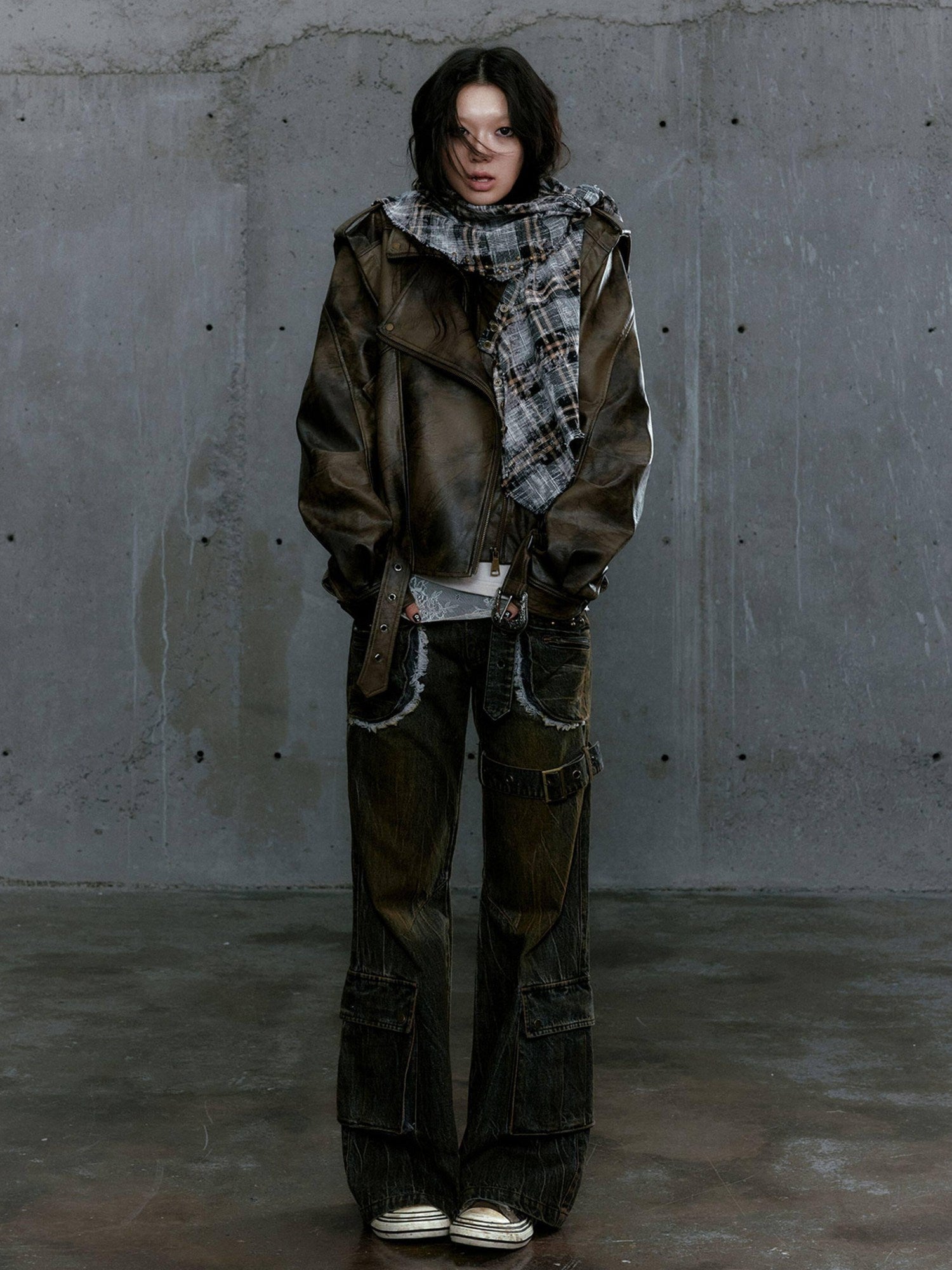 Cest Nous Washed Pu Leather Zipper Loose Fit Street Youth Black Brown Bomberjackets
